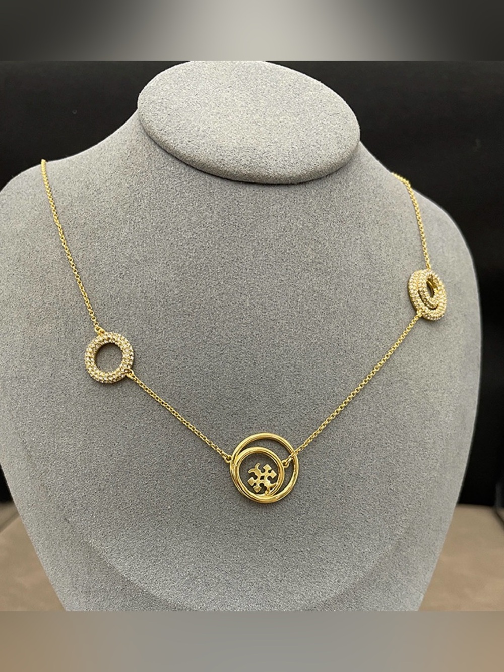 Tory Burch Gold Necklace with Circular Charms Pavé